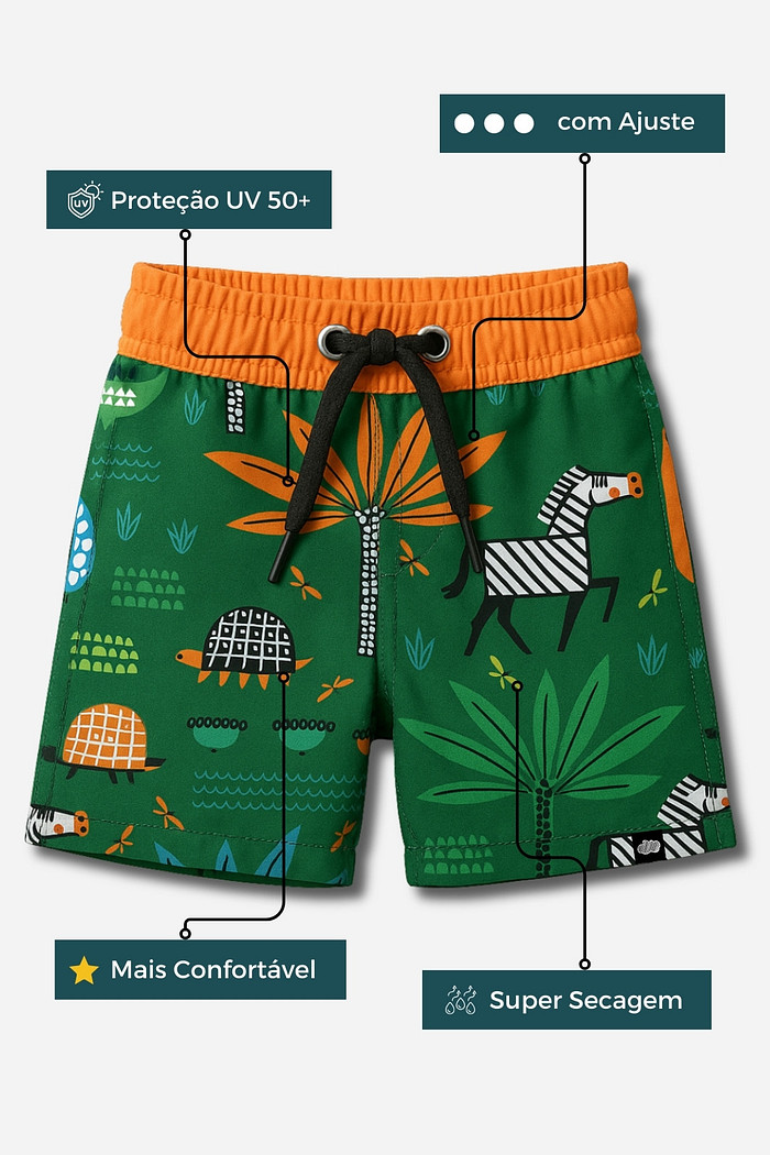 Short Infantil Tactel com ajuste na cintura UV 50+ Verde Safari