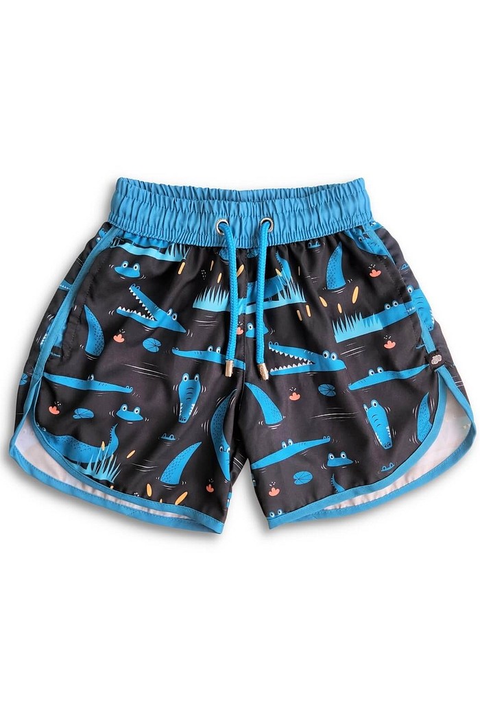 Short Infantil Tactel curto de banho com ajuste na cintura e Proteção UV 50+ Preto Jacaré