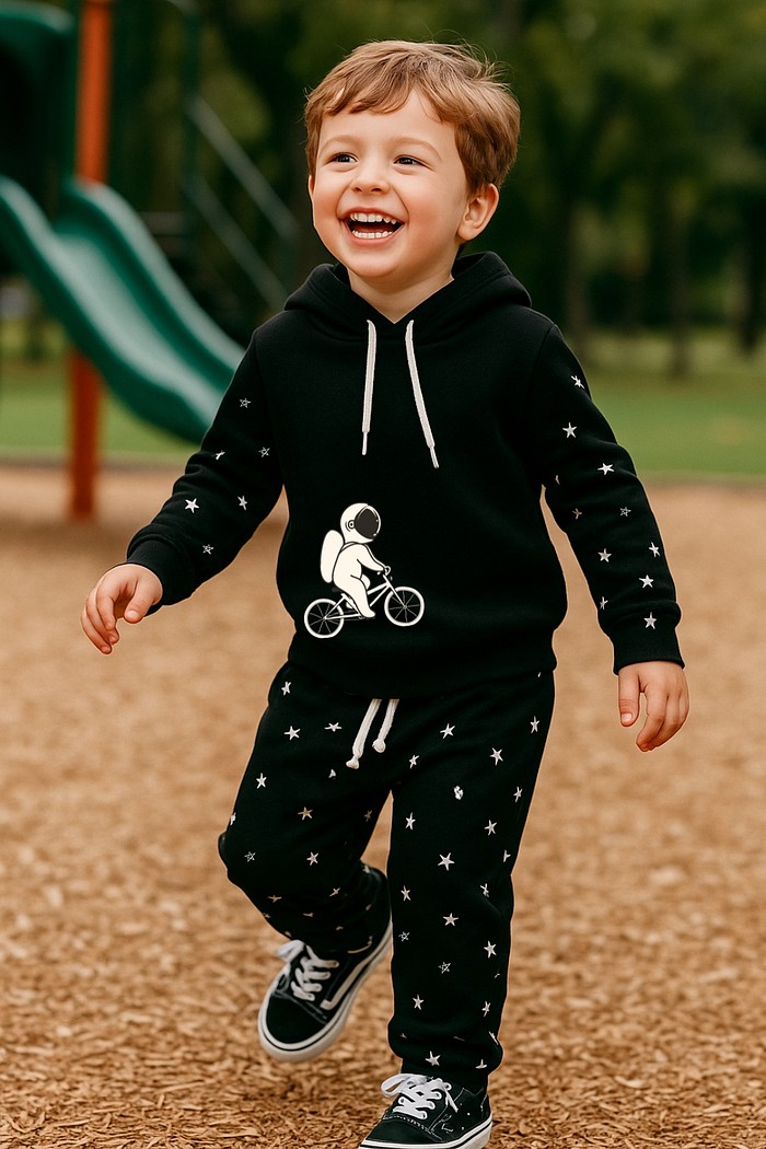 Conjunto Moletom Infantil Preto Astronauta com Capuz Quentinho Encorpado