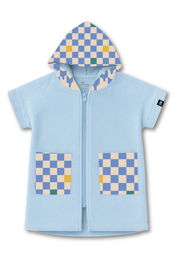 Roupão Infantil Com Capuz 100% Algodão Atoalhado Super Secagem Proteção UV50+ Azul Quadriculados