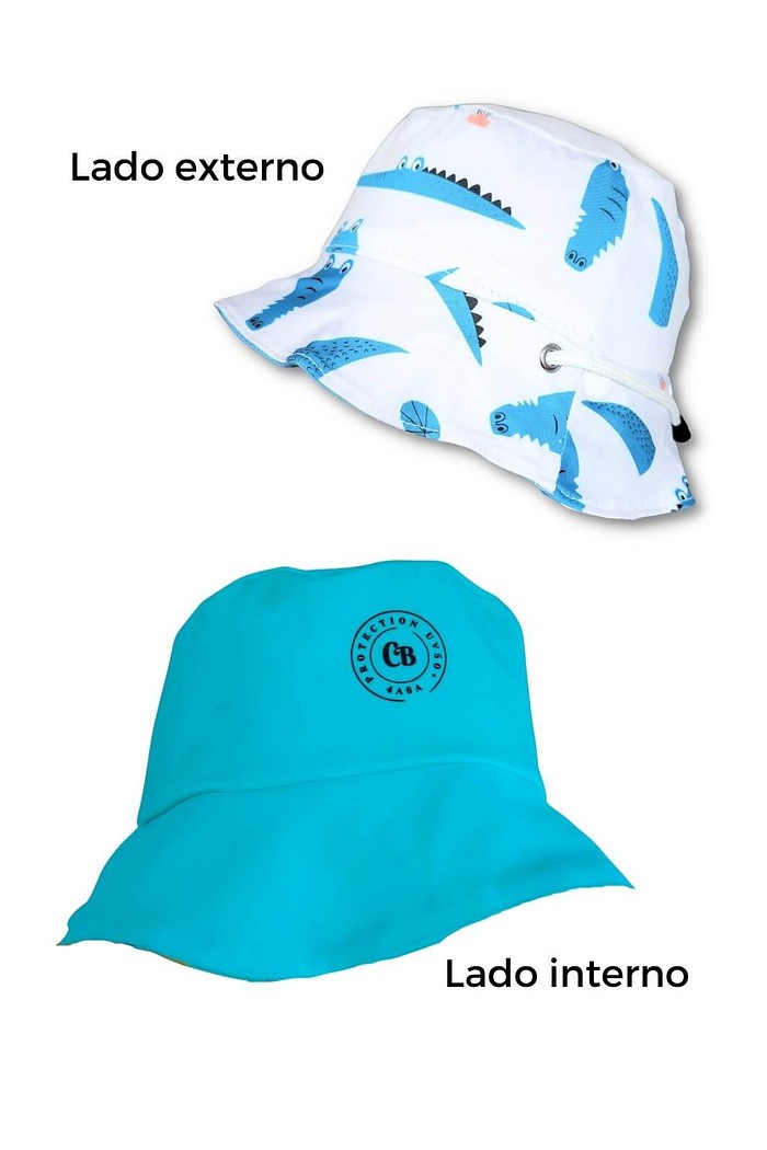 Chapéu infantil Proteção Solar UV 50+ Dupla Face Praia e Piscina Branco Jacarés