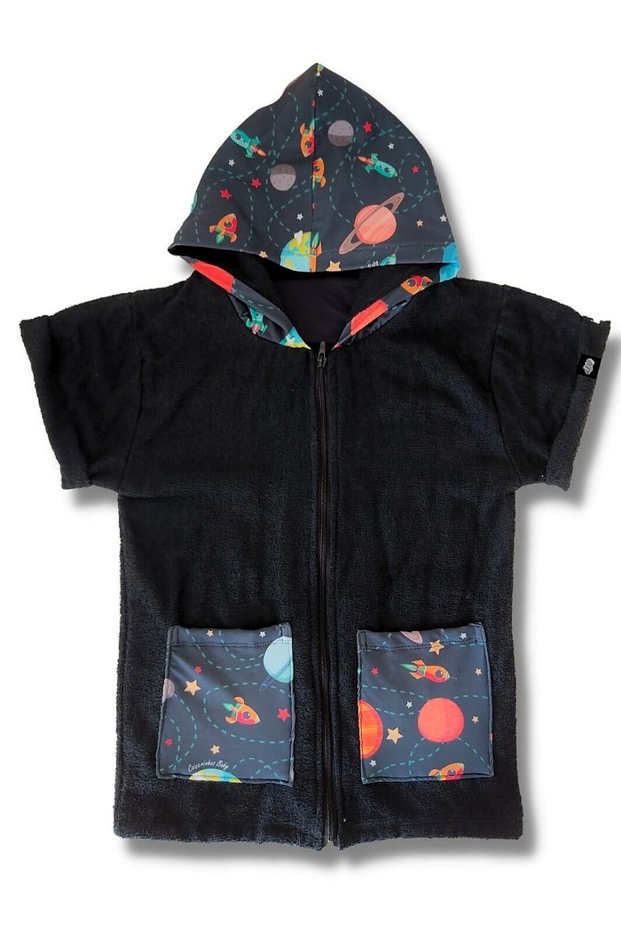 Roupão Infantil Com Capuz e Zíper 100% Algodão Super Secagem Proteção UV50+ Preto Universo