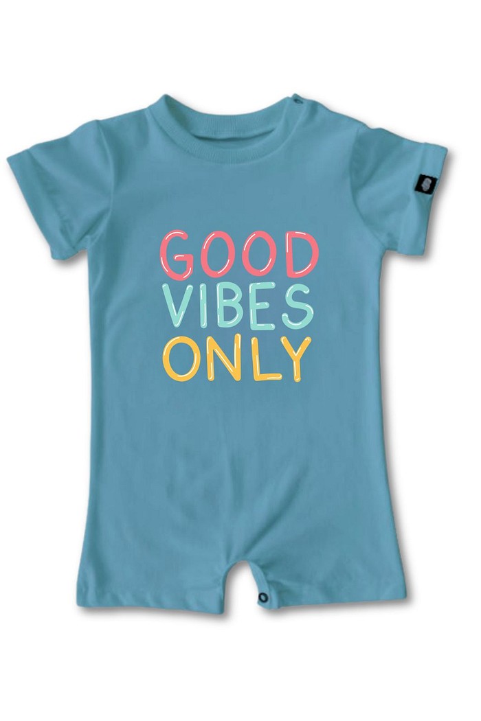 Macacão Bebê Curto Algodão Sustentável Azul Good Vibes