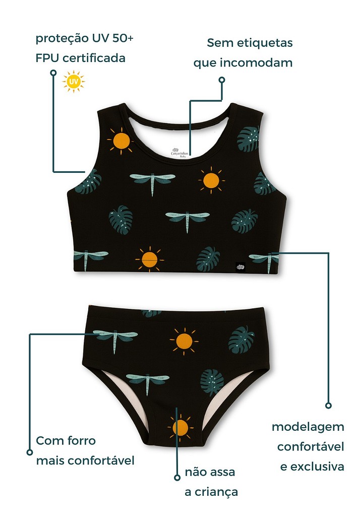 Cropped Regata e Calcinha Alta Proteção UV50+ Preto Libélulas