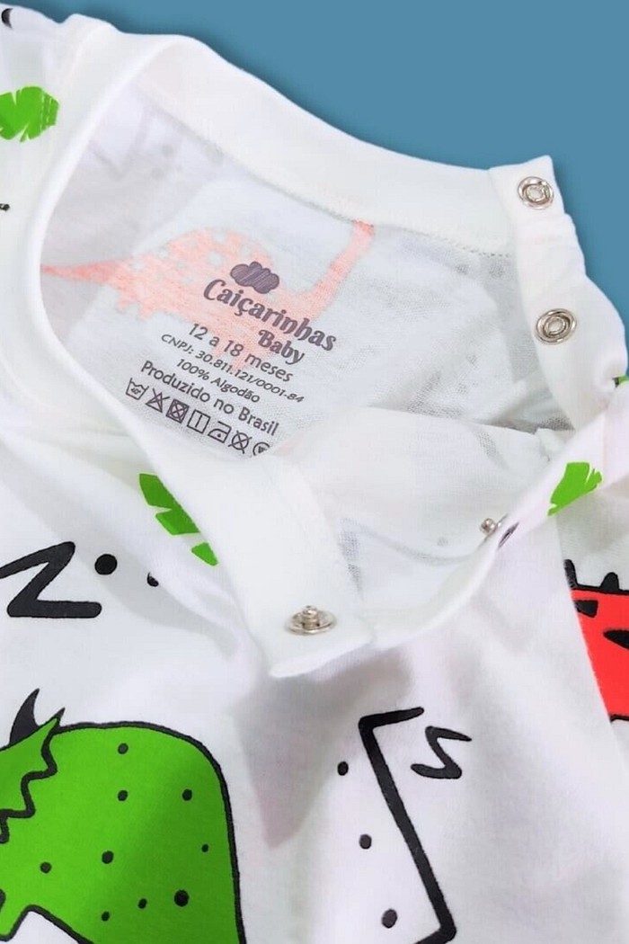 Macacão Bebê Curto Algodão Sustentável Branco Dinossauros Confortável