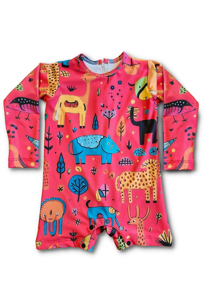 Macacão Praia Bebê Proteção Solar UV 50+ Manga Longa Rosa Animais Abstratos