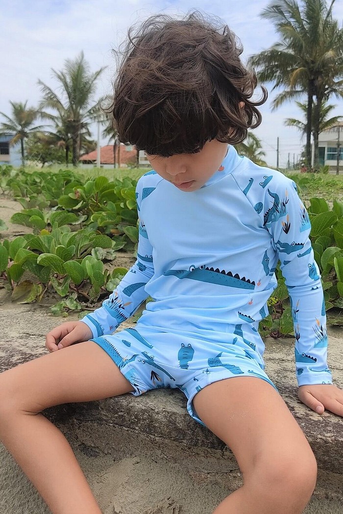 Camisa Proteção Uv 50+ Infantil + Sunga Azul Jacaré