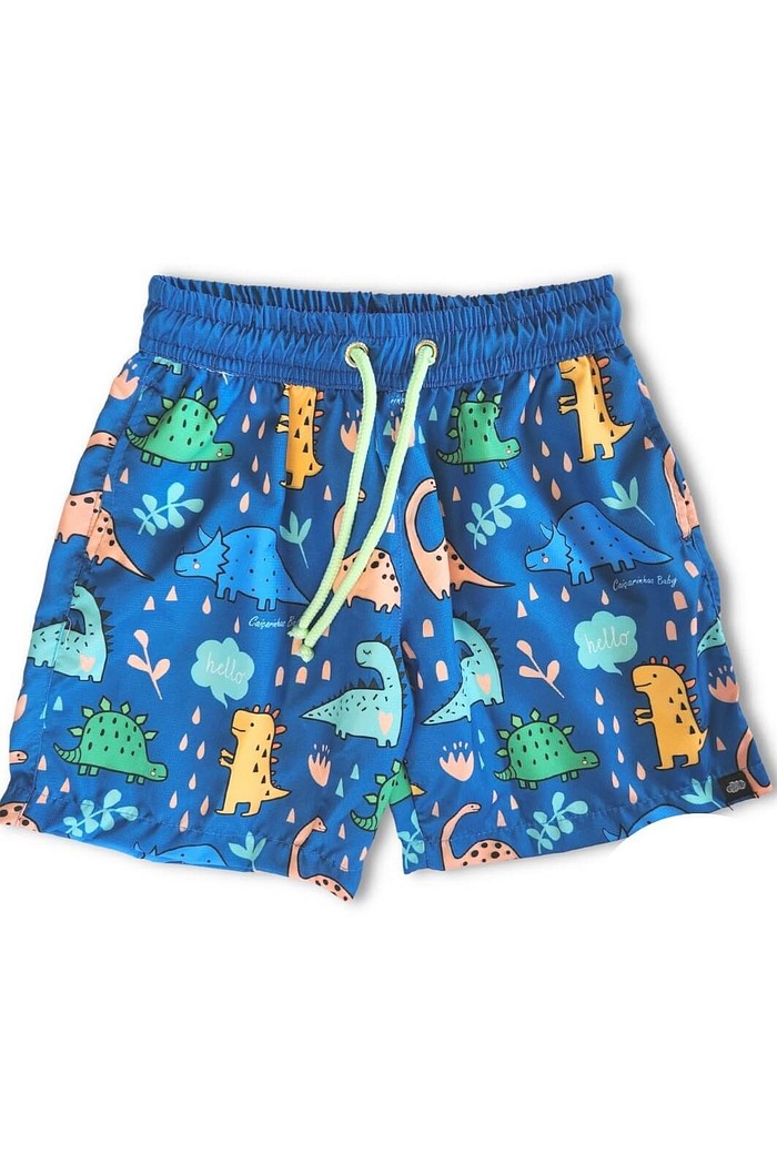 Short Infantil Tactel de banho com ajuste na cintura e proteção UV 50+ Azul Dinossauros