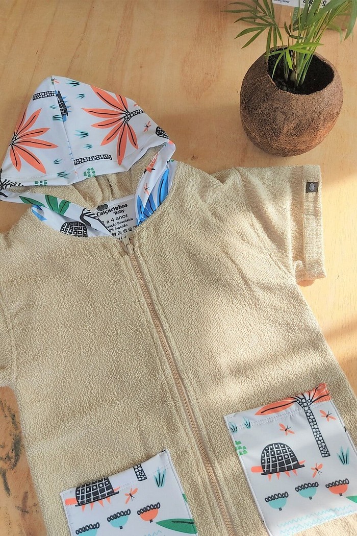 Roupão Infantil Com Capuz e Zíper 100% Algodão Super Secagem Proteção UV50+ Areia Safari