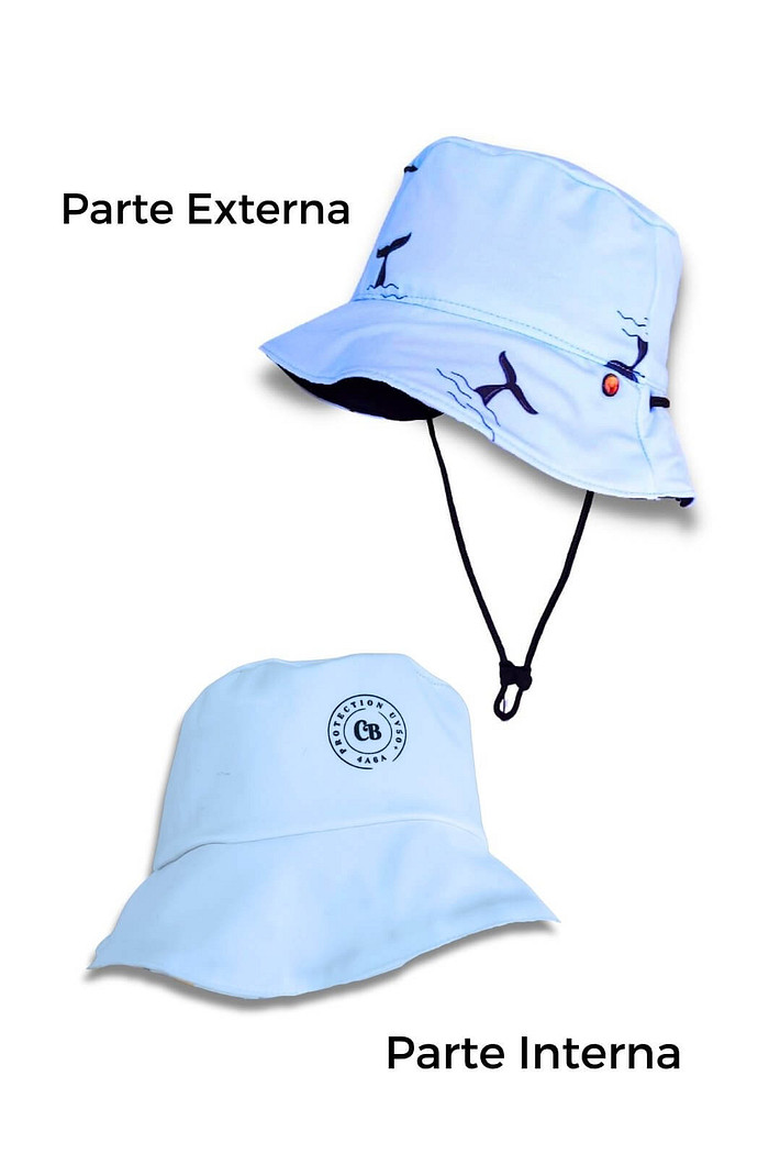 Chapéu infantil Proteção Solar UV 50+ Dupla Face Praia e Piscina Azul Baleias