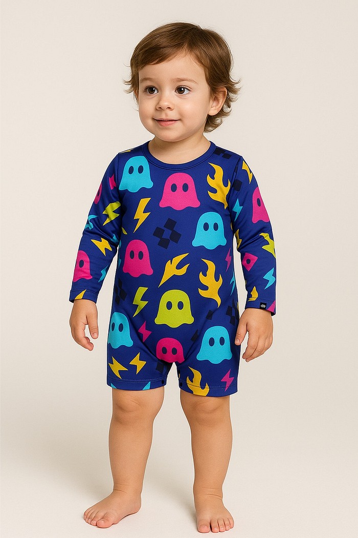 Macacão Praia Bebê Proteção Solar UV 50+ Manga Longa Azul Fantasminhas