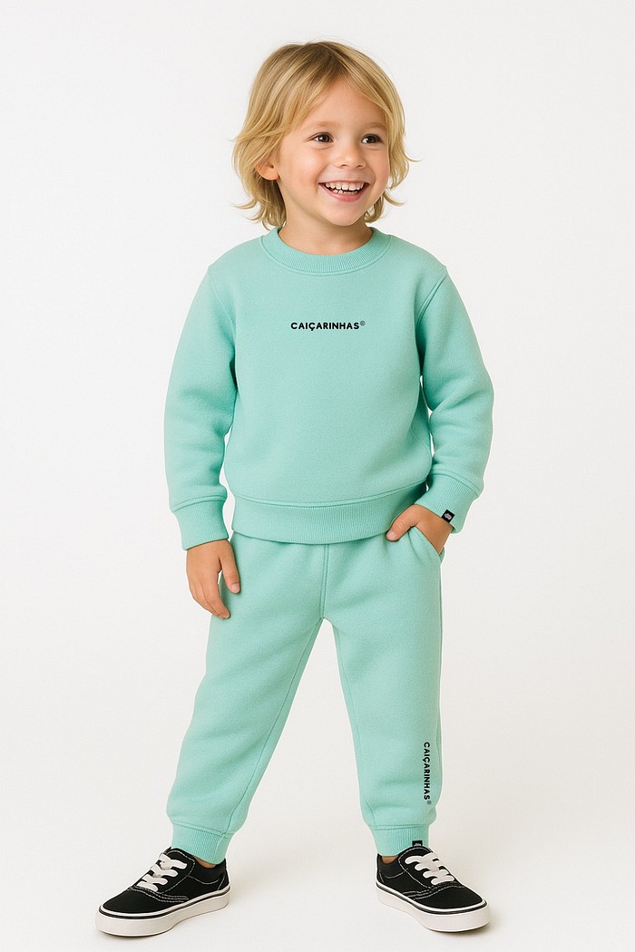 Kit Verde Menta Caiçarinhas® Moletom Quentinho Infantil Blusão + Calça