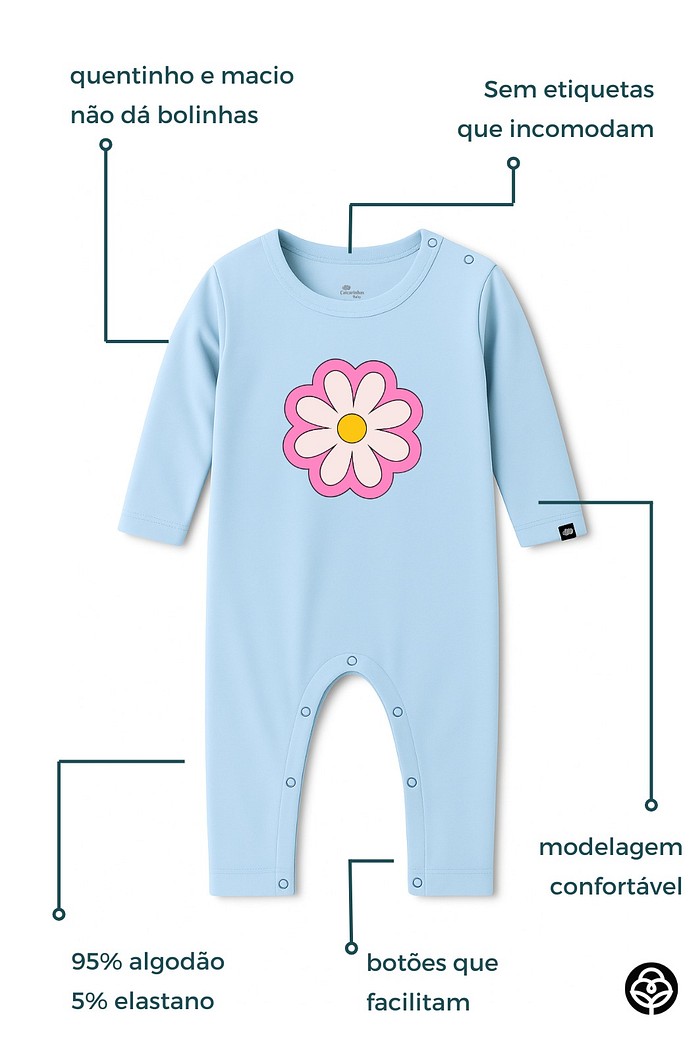 Macacão Longo Manga Longa Azul Claro Margarida