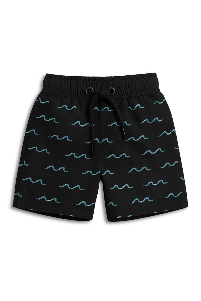 Short Tactel Adulto com Bolso e Ajuste de Cintura Preto Ondinhas