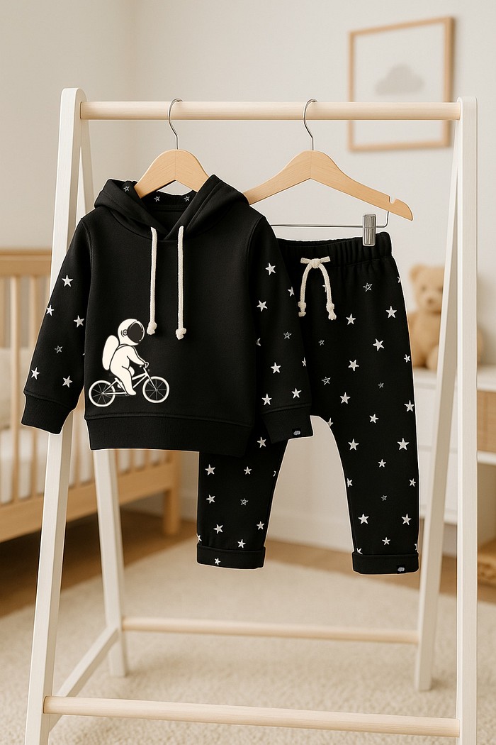 Conjunto Moletom Infantil Preto Astronauta com Capuz Quentinho Encorpado