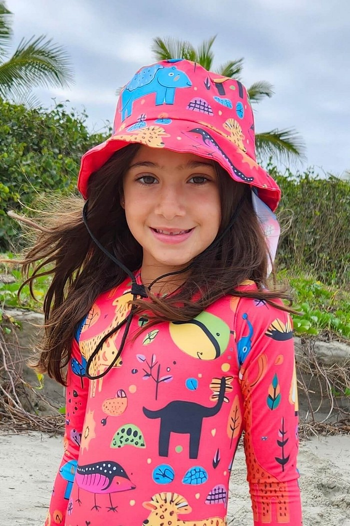 Chapéu infantil Proteção Solar UV 50+ Dupla Face Praia e Piscina Rosa Animais