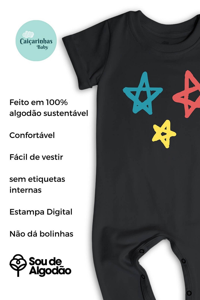 Macacão Bebê Longo Manga Curta Preto Estrelinha