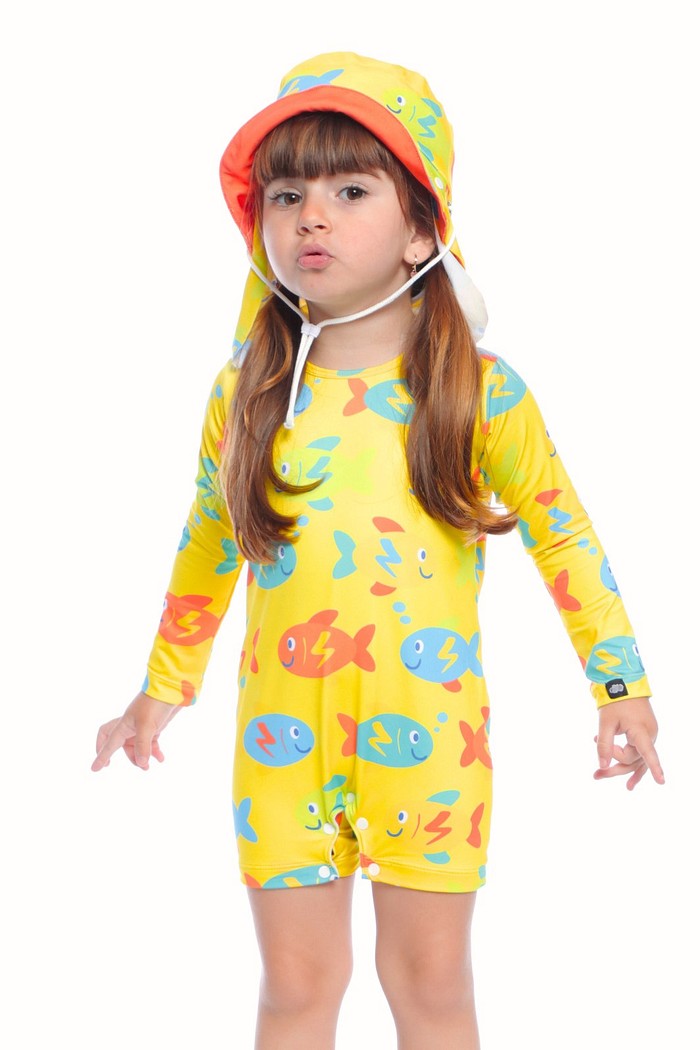 Macacão Praia Bebê Proteção Solar UV 50+ Manga Longa Amarelo Peixinhos