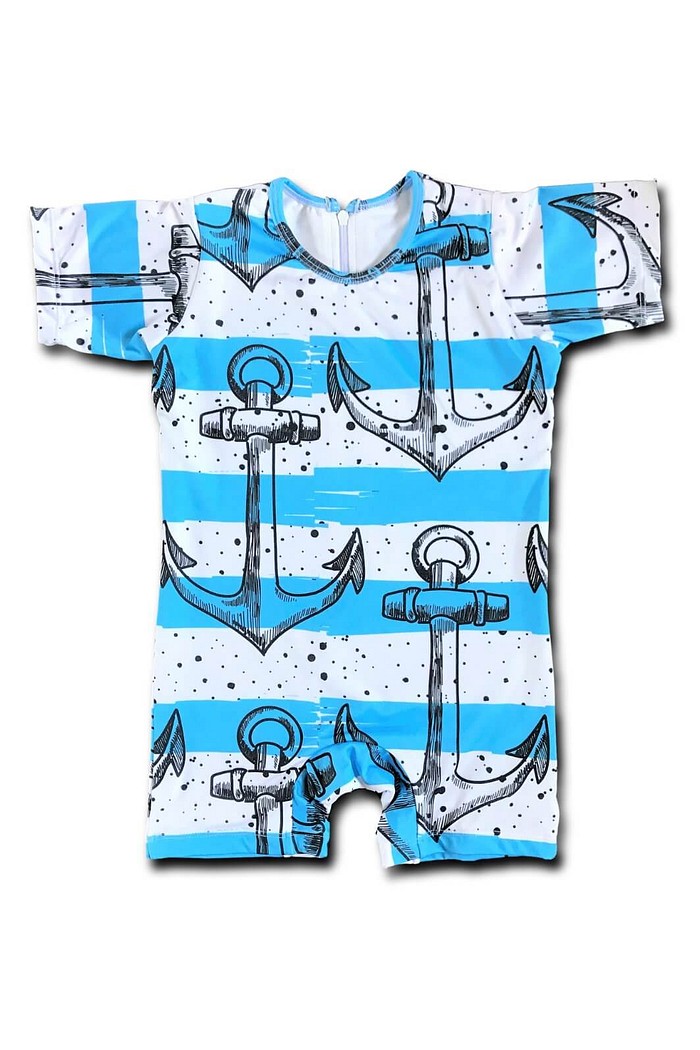 Macacão Praia Bebê Proteção Solar UV 50+ Manga Curta Azul Âncoras