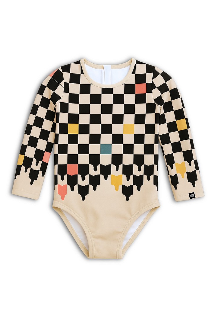 Maiô Manga Longa Proteção UV50+ Confortável Off White com Preto