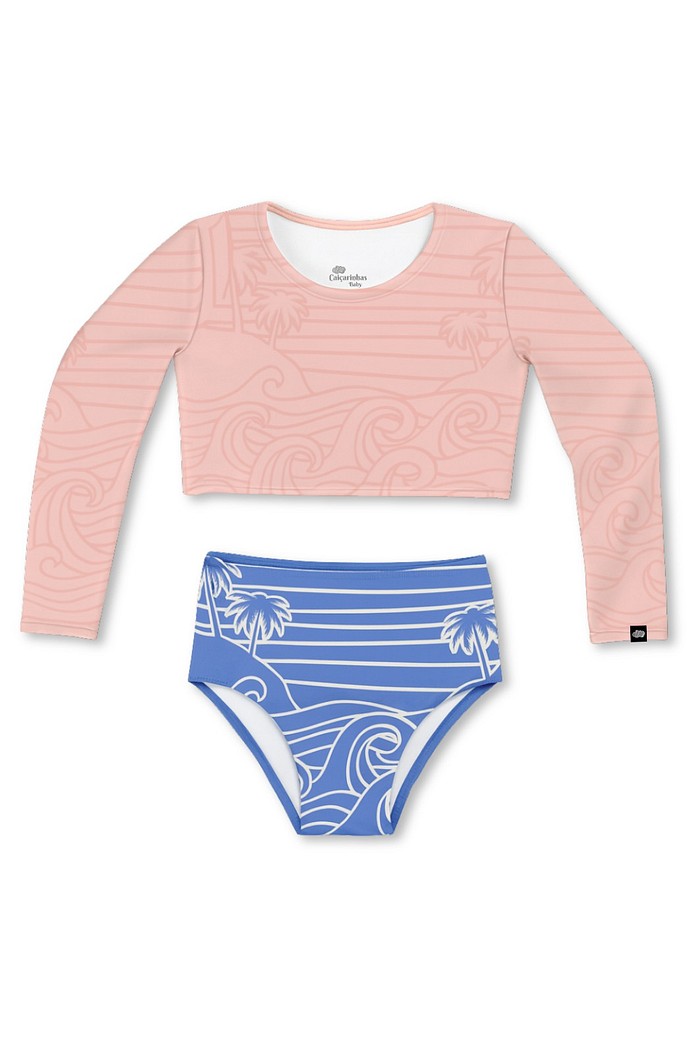 Cropped Manga Longa e Calcinha Alta Proteção UV50+ Rosa com Azul Beach On