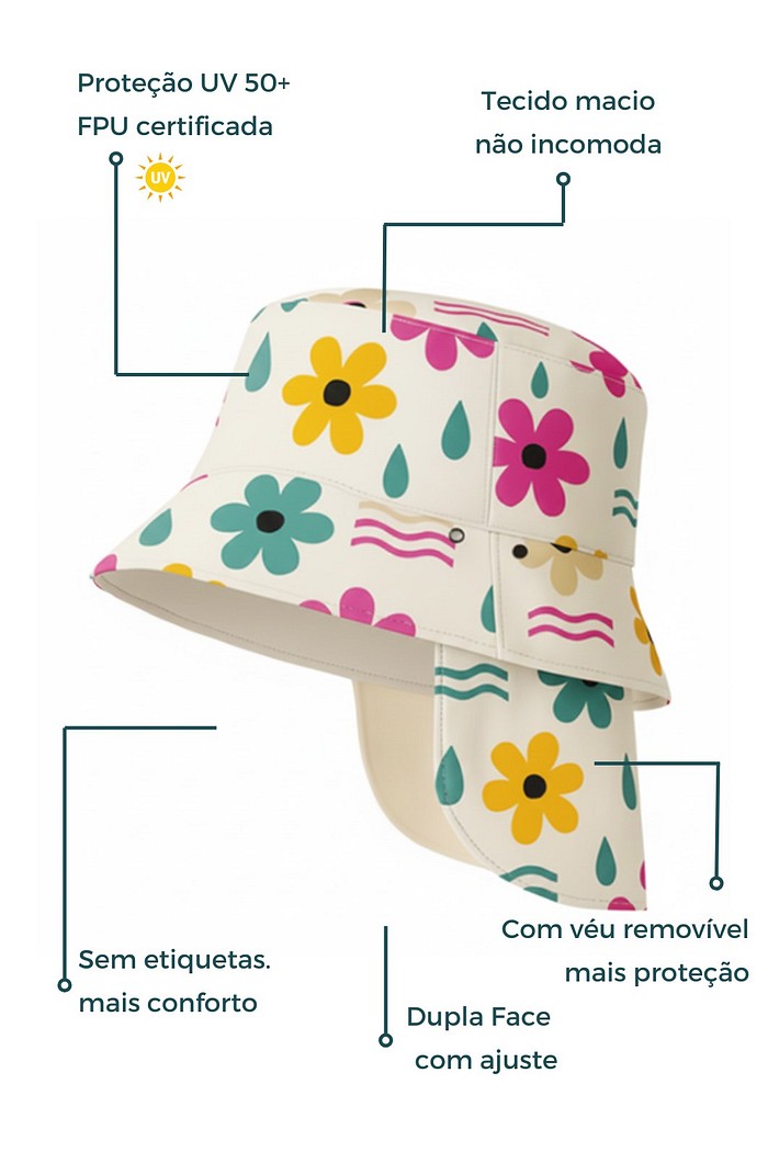 Chapéu infantil Proteção Solar UV 50+ Dupla Face Ajustável Off White Dona Flor