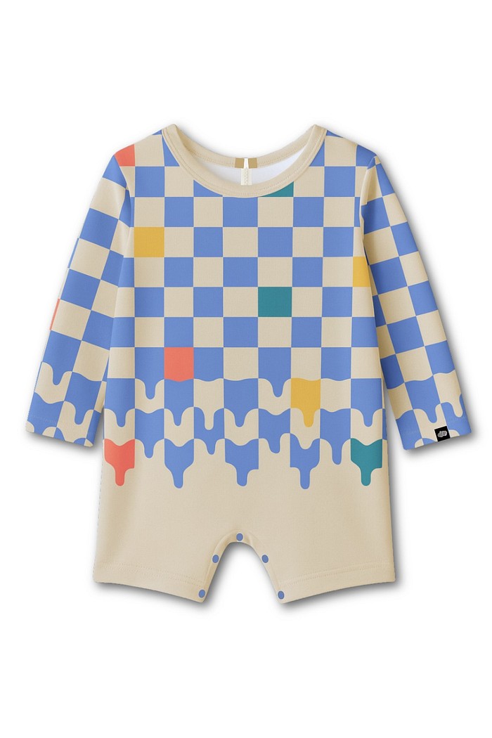 Macacão Praia Bebê Proteção Solar UV 50+ Manga Longa Off White e Azul Quadriculados