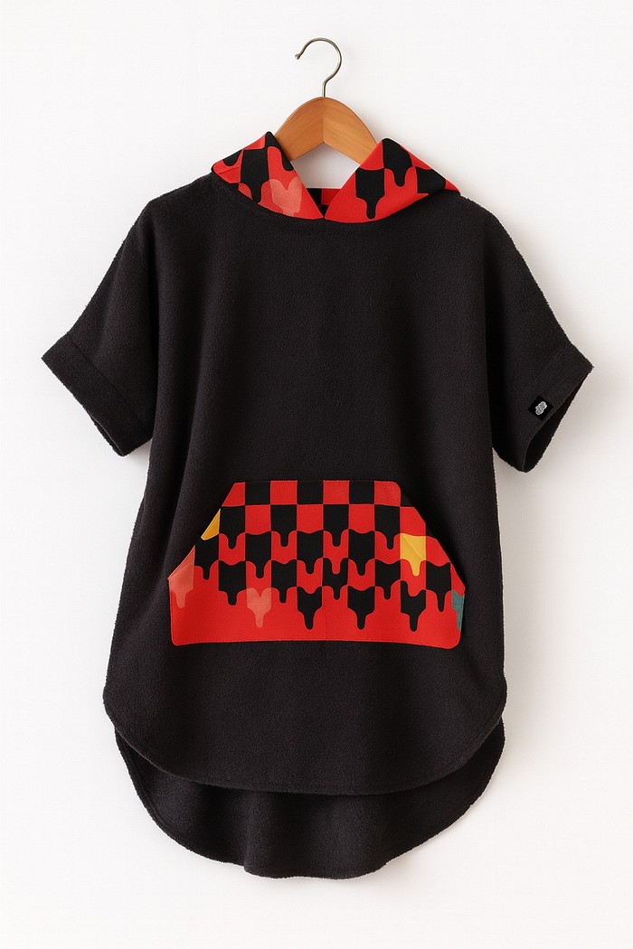 Roupão Poncho Infantil Com Capuz 100% Algodão Atoalhado Super Secagem Proteção UV50+ Preto e Vermelho Quadriculados