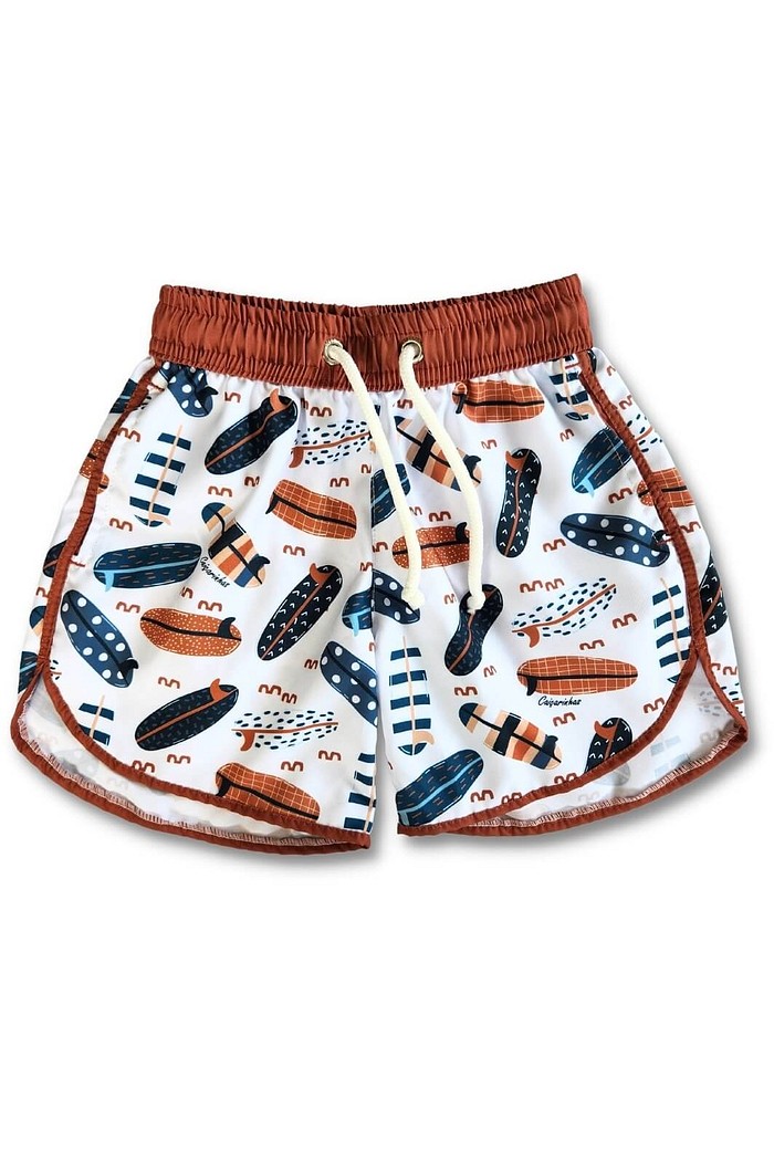 Short Infantil Tactel curto de banho com ajuste na cintura e Proteção UV 50+ Branco Pranchas