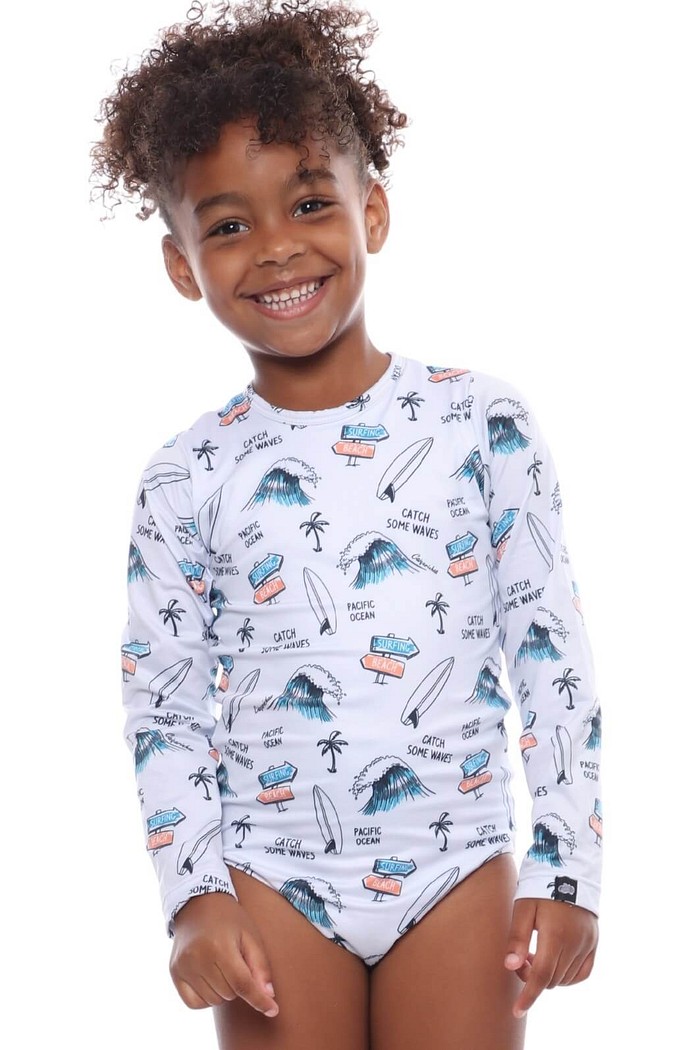 Maiô Infantil Proteção Solar UV 50+ Manga Longa e Zíper nas Costas Cinza Catch Some Waves
