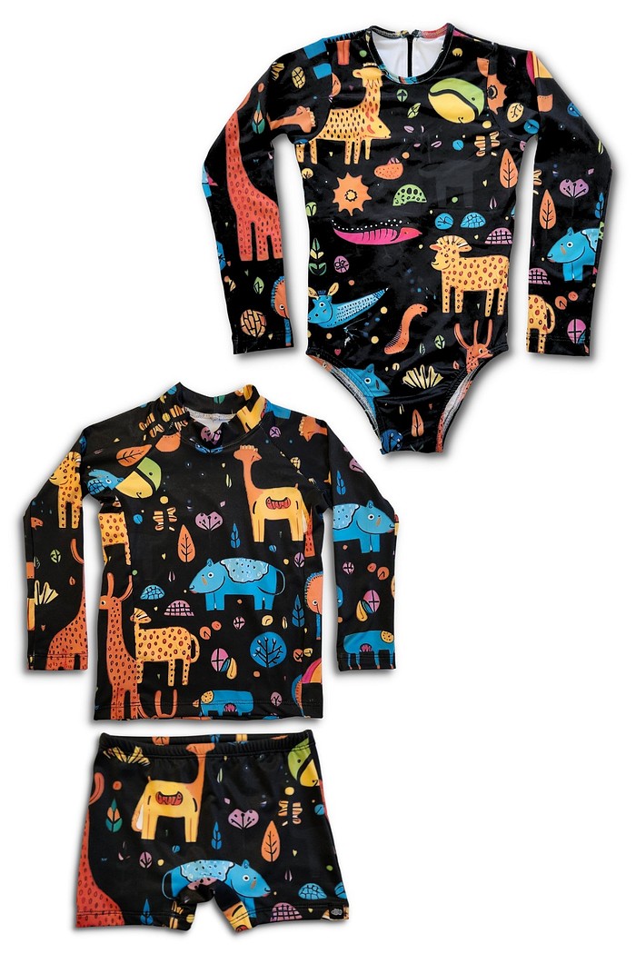 Kit Animais Abstratos Preto Menino Menina Proteção UV50+ Camiseta e sunga + Maiô