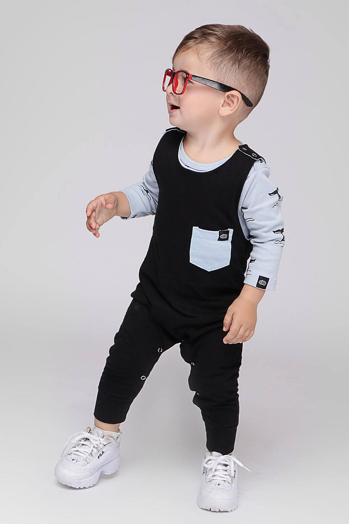 Macacão Bebê Regata Longo Algodão Sustentável Fácil Vestir Preto com Bolso