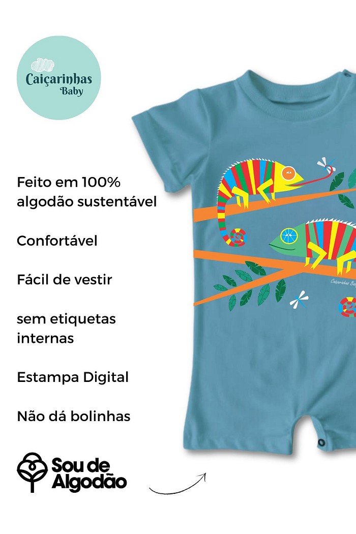 Macacão Bebê Curto Algodão Sustentável Fácil de Vestir Azul Camaleões