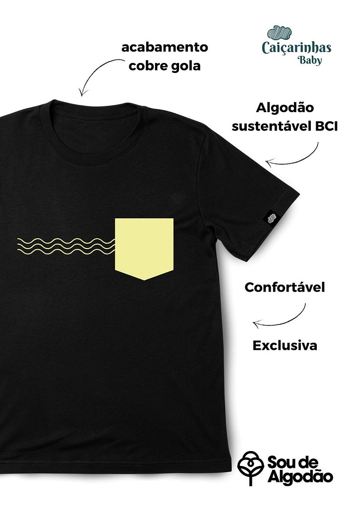 Camiseta Infantil Manga Curta Preto Bolso Ondas