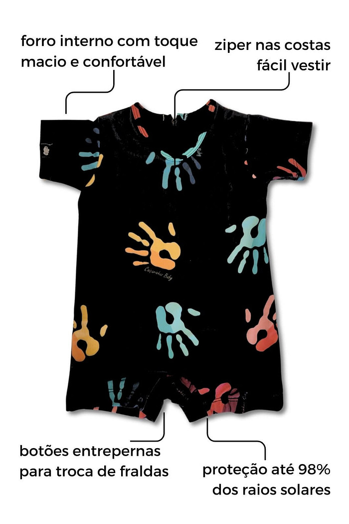 Macacão Praia Bebê Proteção Solar UV 50+ Manga Curta Preto Mãozinhas