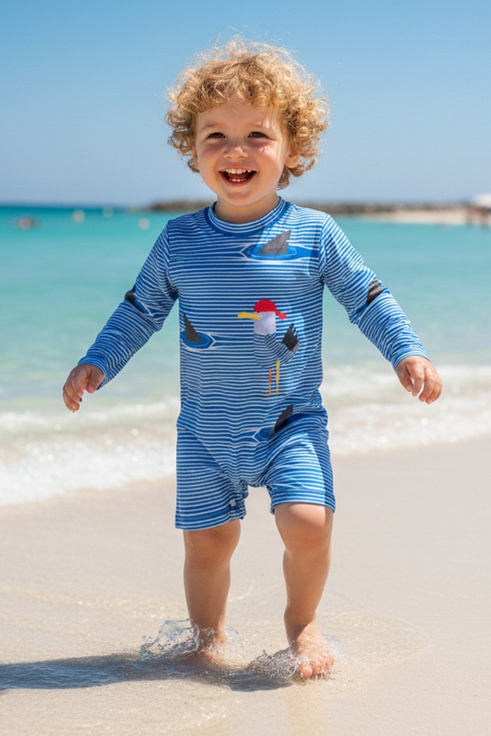 Macacão Praia Bebê Proteção Solar UV 50+ Manga Longa Azul Gaivota Danger