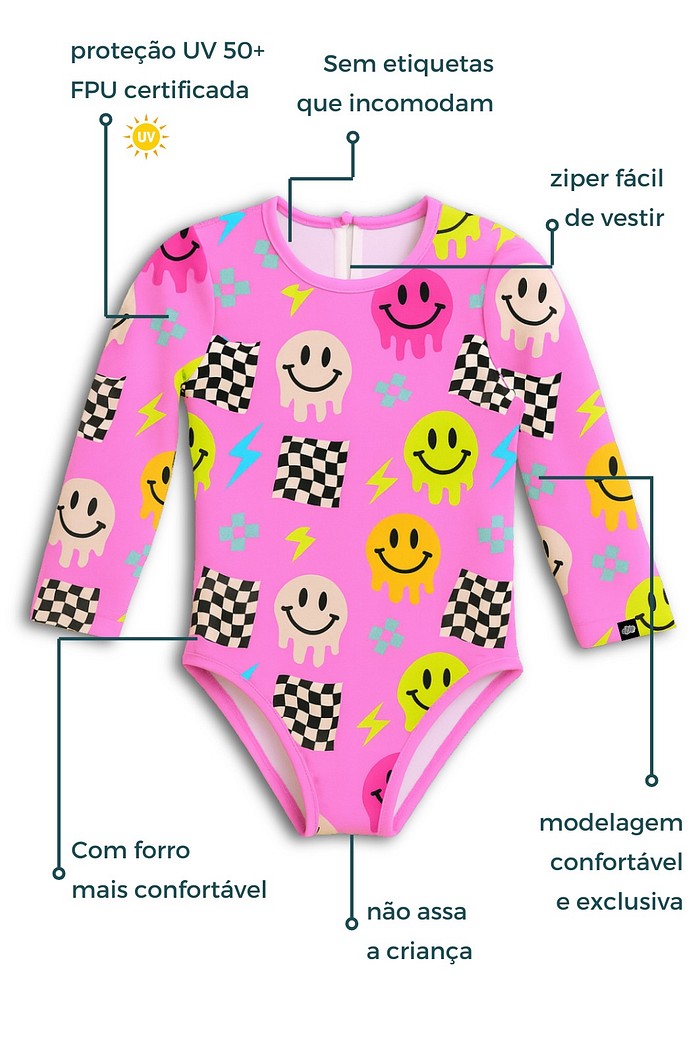 Maiô Manga Longa Proteção UV50+ Confortável Rosa Smiles