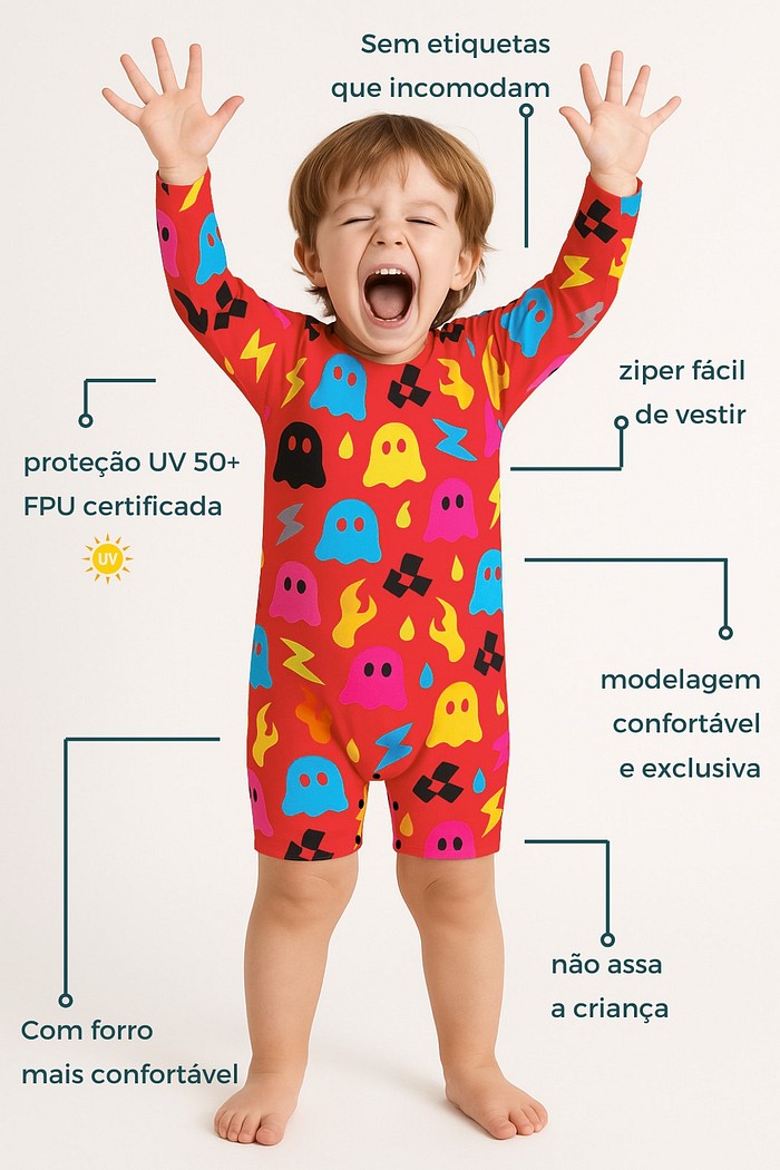 Macacão Praia Bebê Proteção Solar UV 50+ Manga Longa Vermelho Fantasminhas