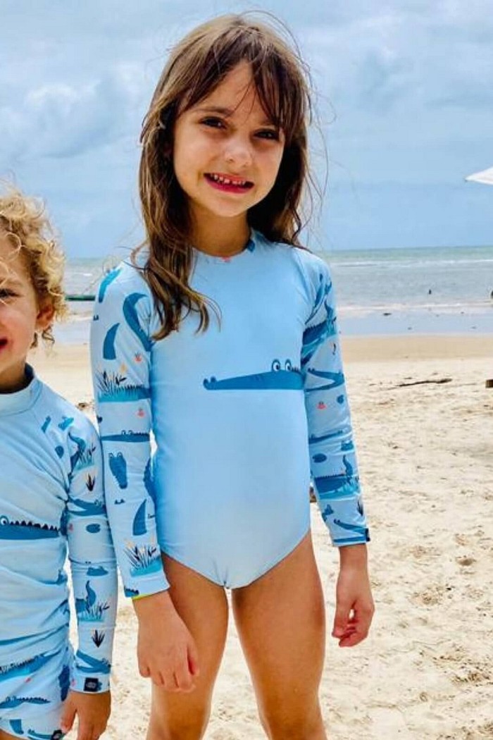 Maiô Infantil Proteção Solar UV 50+ Manga Longa e Zíper nas Costas Azul Jacaré