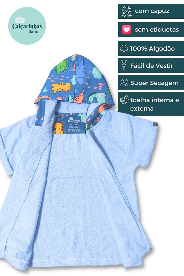 Roupão Infantil Com Capuz e Zíper 100% Algodão Super Secagem Proteção UV50+ Azul Dinossauros