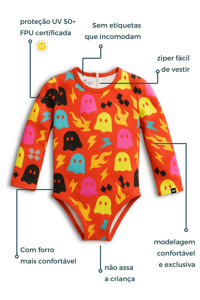 Maiô Manga Longa Proteção UV50+ Confortável Vermelho Fantasminhas