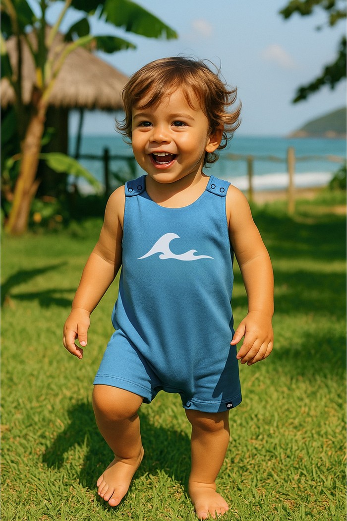 Macacão Curto Manga Regata Azul Onda Algodão Macio Sustentável