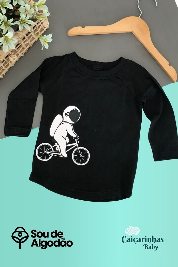 Camiseta Infantil Manga Longa Algodão Toque Macio Preta AstroBike
