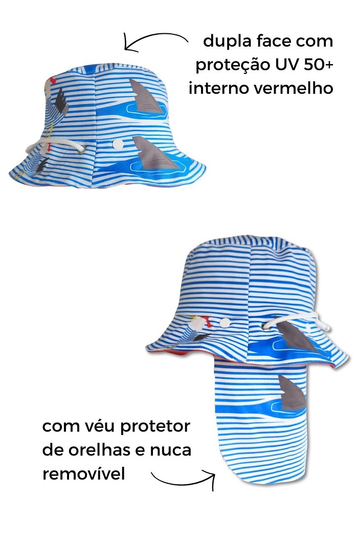 Chapéu infantil Proteção Solar UV 50+ Dupla Face Azul Gaivota Danger