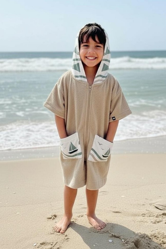 Roupão Infantil Com Capuz 100% Algodão Atoalhado Super Secagem Proteção UV50+ Areia Barquinhos