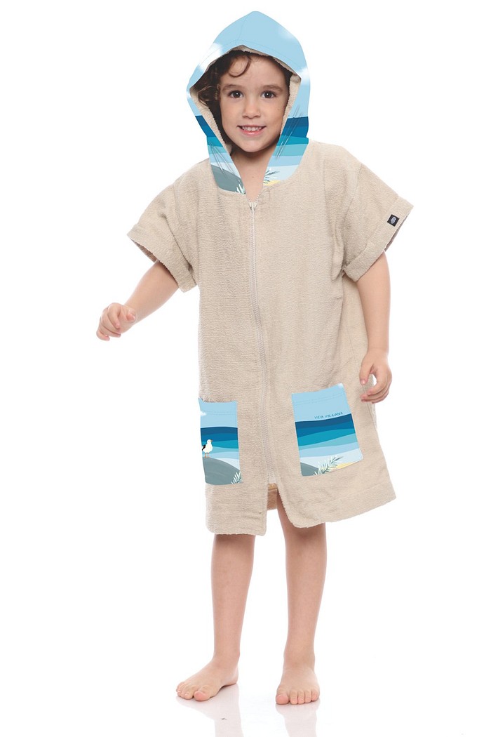 Roupão Infantil Com Capuz e Zíper 100% Algodão Super Secagem Proteção UV50+ Areia Vida Praiana