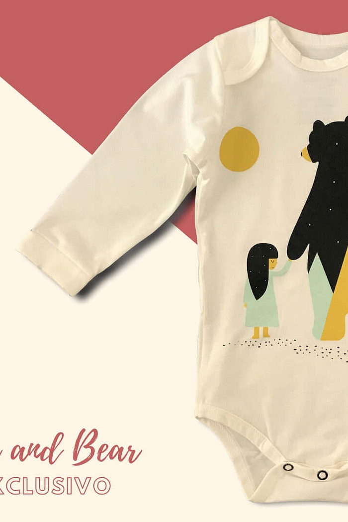Body Bebê Manga Longa Bege Nina and Bear Algodão Sustentável Macio