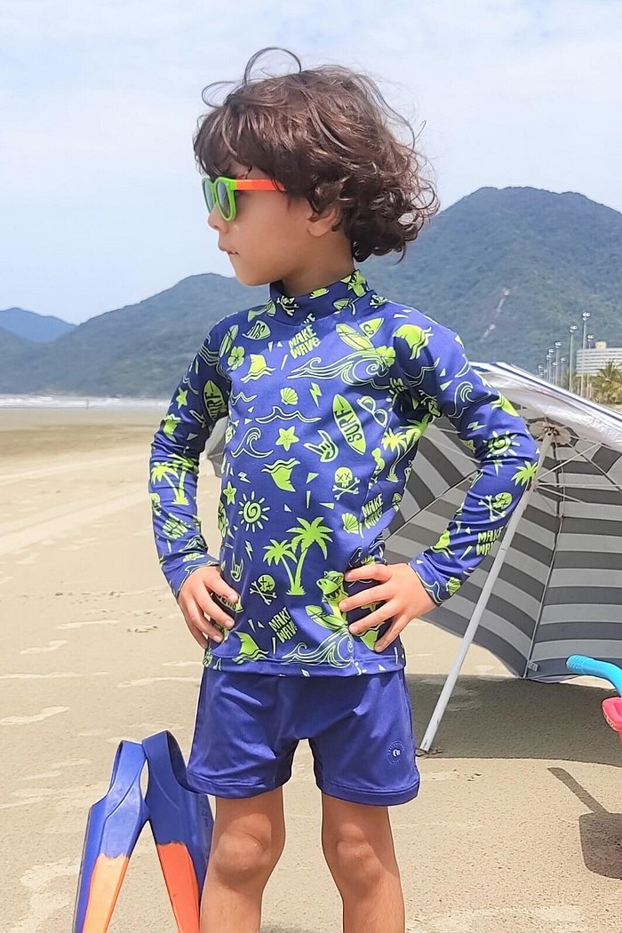 Camisa Proteção Uv 50+ Infantil + Sunga Azul Praia e Sol