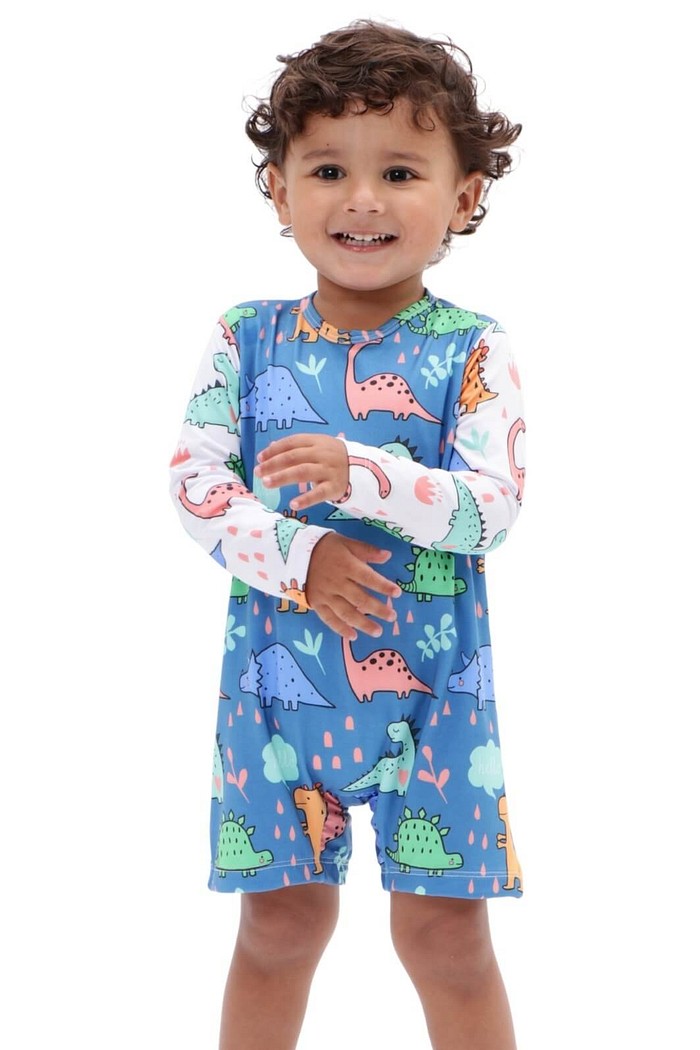 Macacão Praia Bebê Proteção Solar UV 50+ Manga Longa Azul Dinossauros