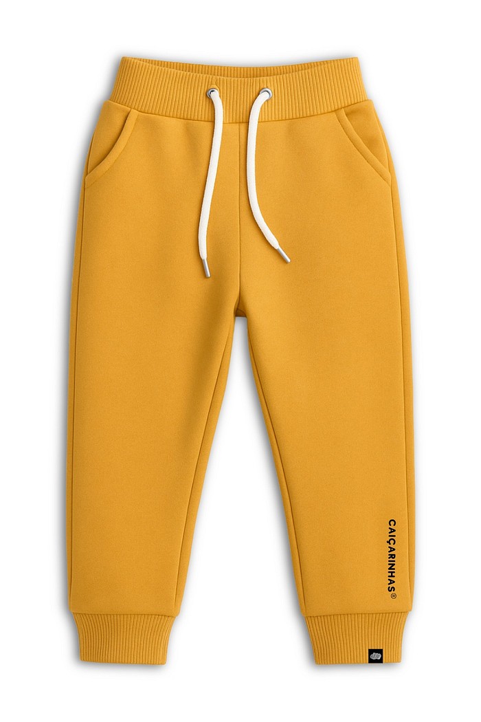 Calça Infantil Jogger Mostarda Caiçarinhas com Ajuste na Cintura e Moletom Flanelado